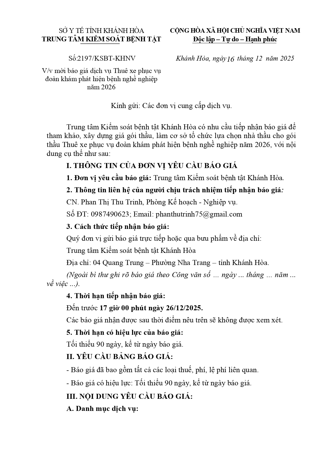 V/v mời báo giá dịch vụ Thuê xe phục vụ đoàn khám phát hiện bệnh nghề nghiệp năm 2026